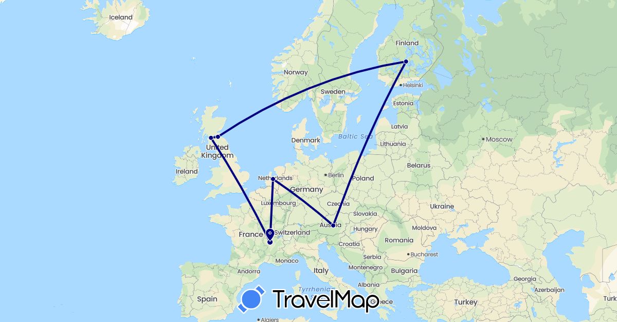 TravelMap itinerary: driving in Austria, Finland, France, United Kingdom, Netherlands (Europe)